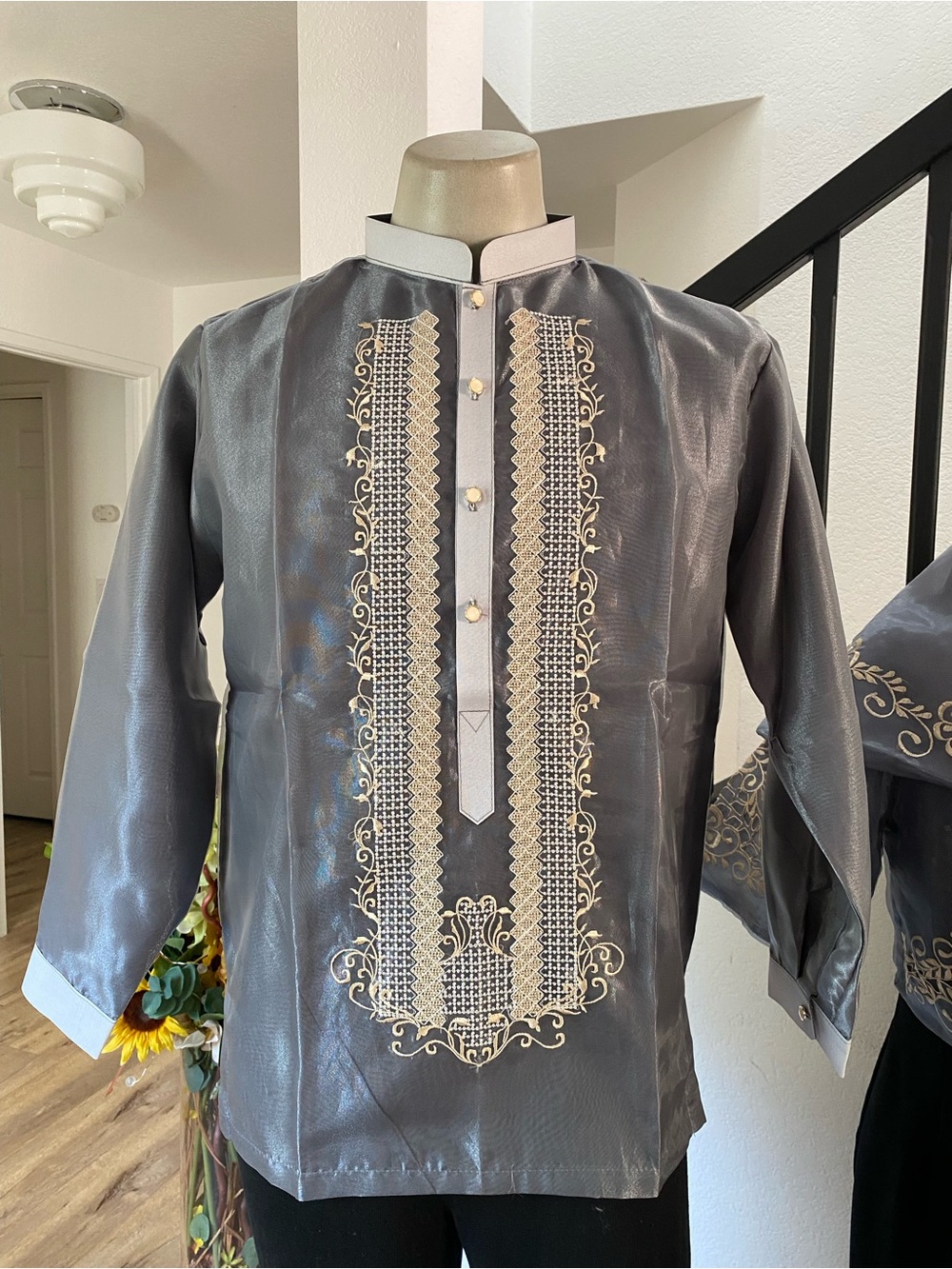 Silver Gray Embroidered Men's Barong Tagalog Shirt
